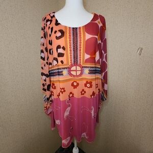 Ulla Popken Women's Draped Layered Coral/Pink Tunic Chiffon Blouse SZ:16/18